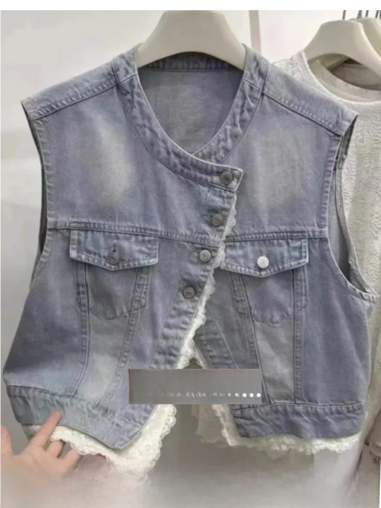 

Women's Denim Lace Patchwork Vest Jaet Svel Tag Removed Autumn Outerwear round Ne Single Button Closure Color