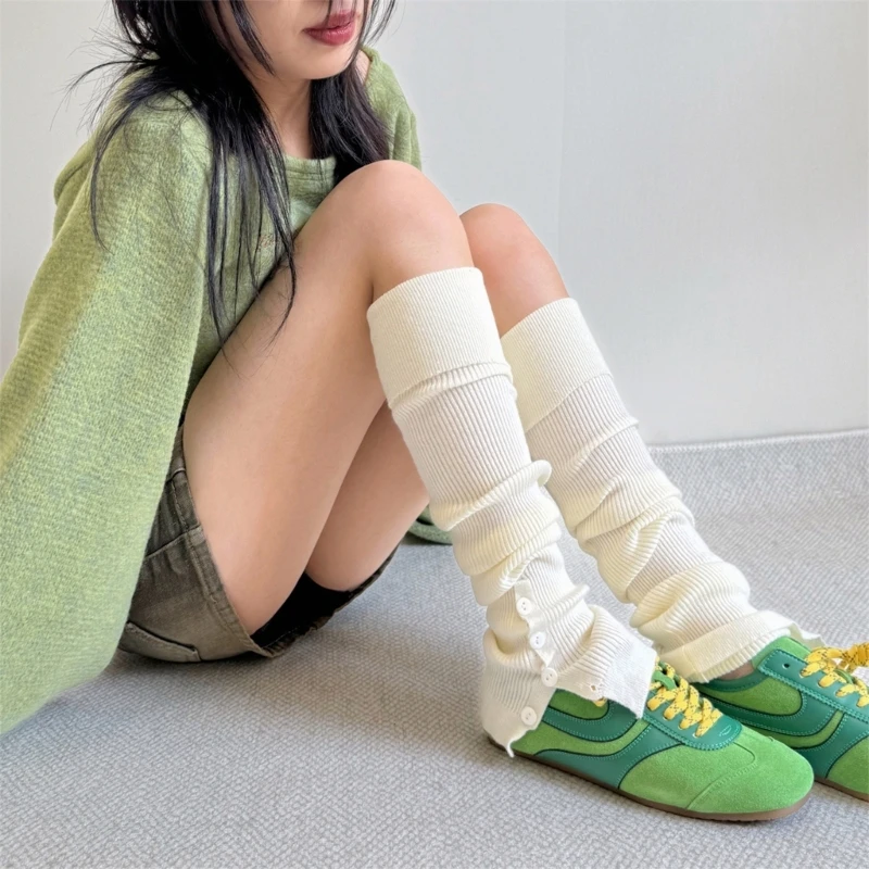 Thigh High Leg Warmers Long Socks Ribbed Knit Side Split Buttons Over Knee Leg Covers Stockings for Fashionable Women