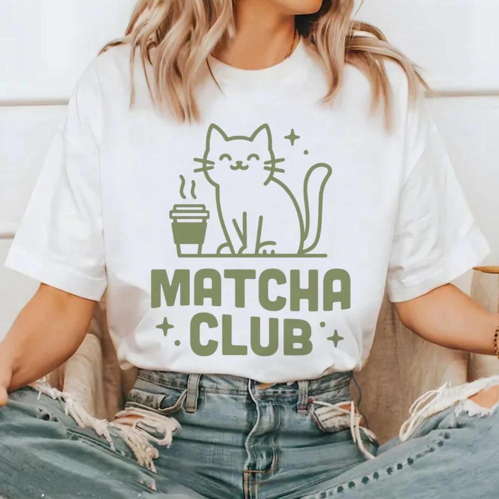 

Футболка Matcha Cat Club с принтом и круглым вырезом, повседневная женская футболка с короткими рукавами и милым принтом, модная стильная женская базовая футболка