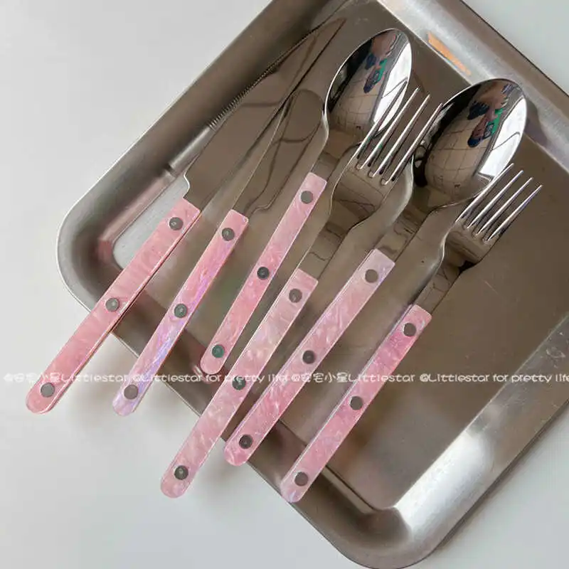 HYS Pink Shell Knife, Fork and Spoon Set Household Western Food Steak Knife Tableware Sweet Spoon Cake Fruit Fork