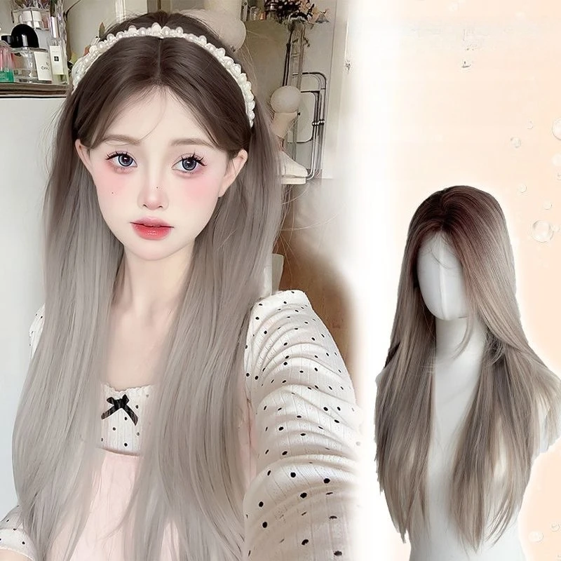 レースフロント付き合成ウィッグ、女性用ロングストレートヘア、オンブルホワイトゴールドカラー、中央分け目、自然で人間のような見た目。