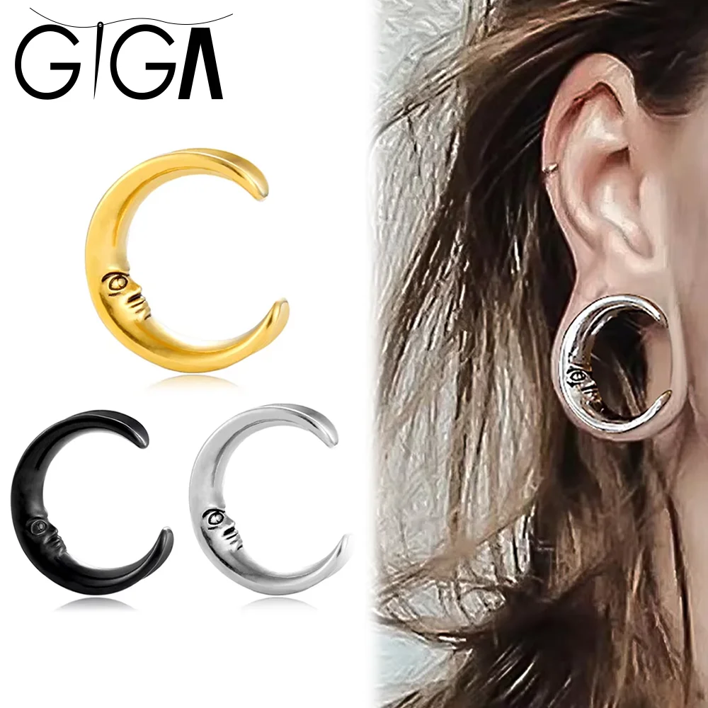 Giga 2PCS New Saddle Moon Human Face Ear Weight Hangers Plug Tunnel Body Jewelry Piercing Stainless steel Ear Gauges Expander