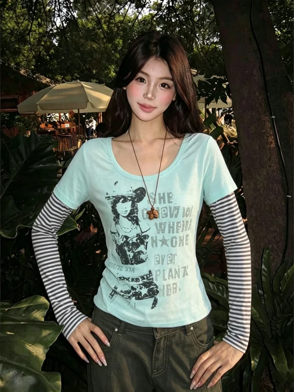 American Style Long Sleeve T-Shirt Women's Slim Fit Portrait Print Casual Top Green Stripe Splicing Fake Two-Piece Shirt