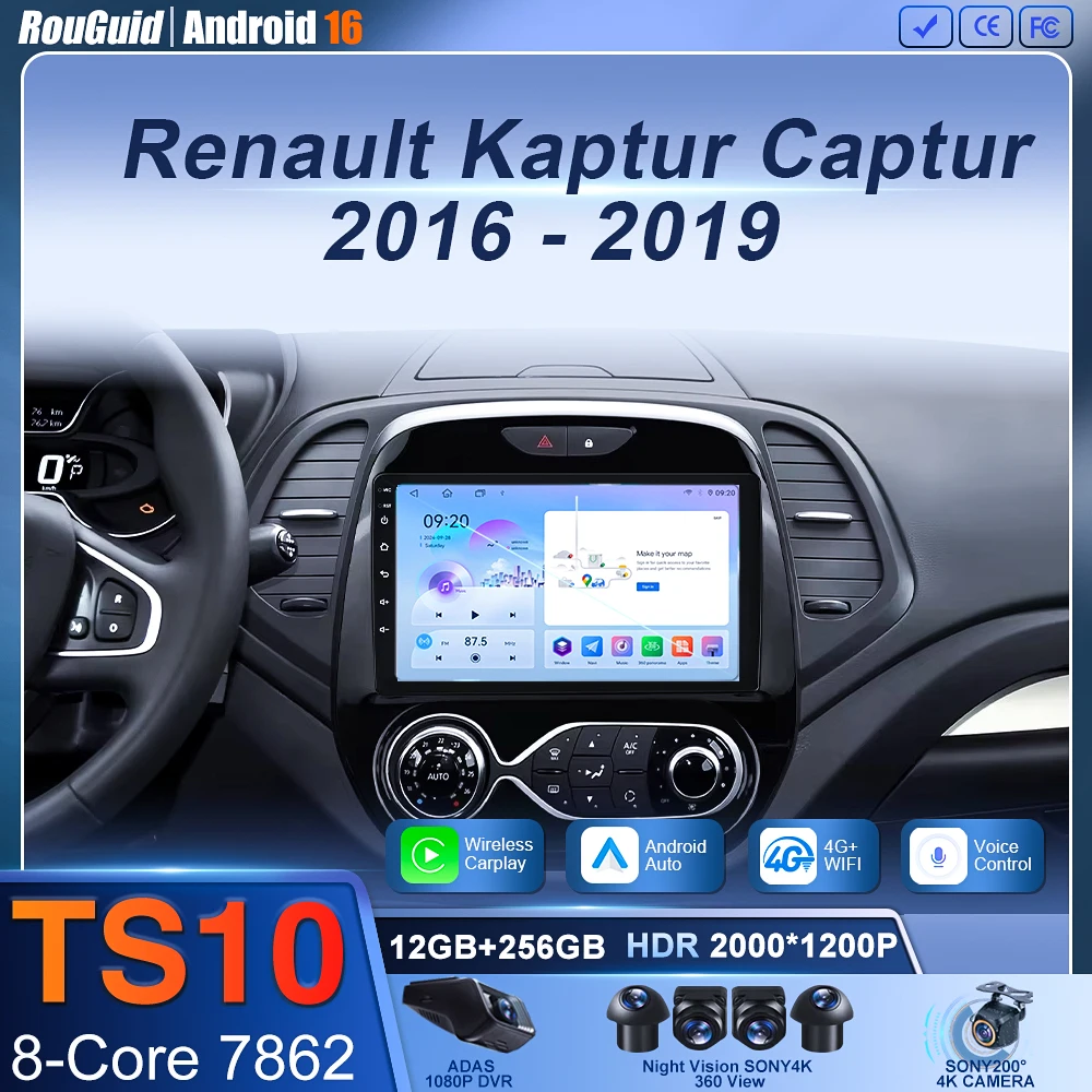 

For Renault Kaptur Captur 2016 - 2019 Wireless CarPlay Apple Android Auto Car Radio GPS RDS WiFi BT 4G 8 Core Multimedia Stereo