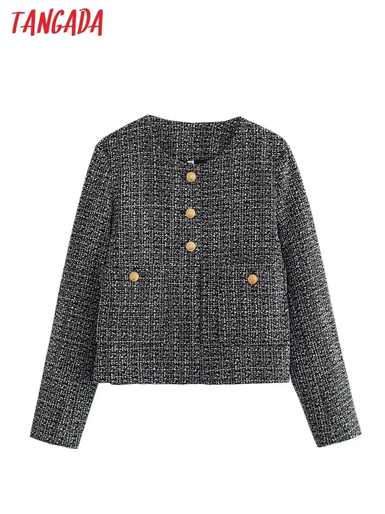 Tangada 2023 Autumn Women Loose Tweed Blazer Jacket Pocket Long Sleeve Female Crop Coat QJ78