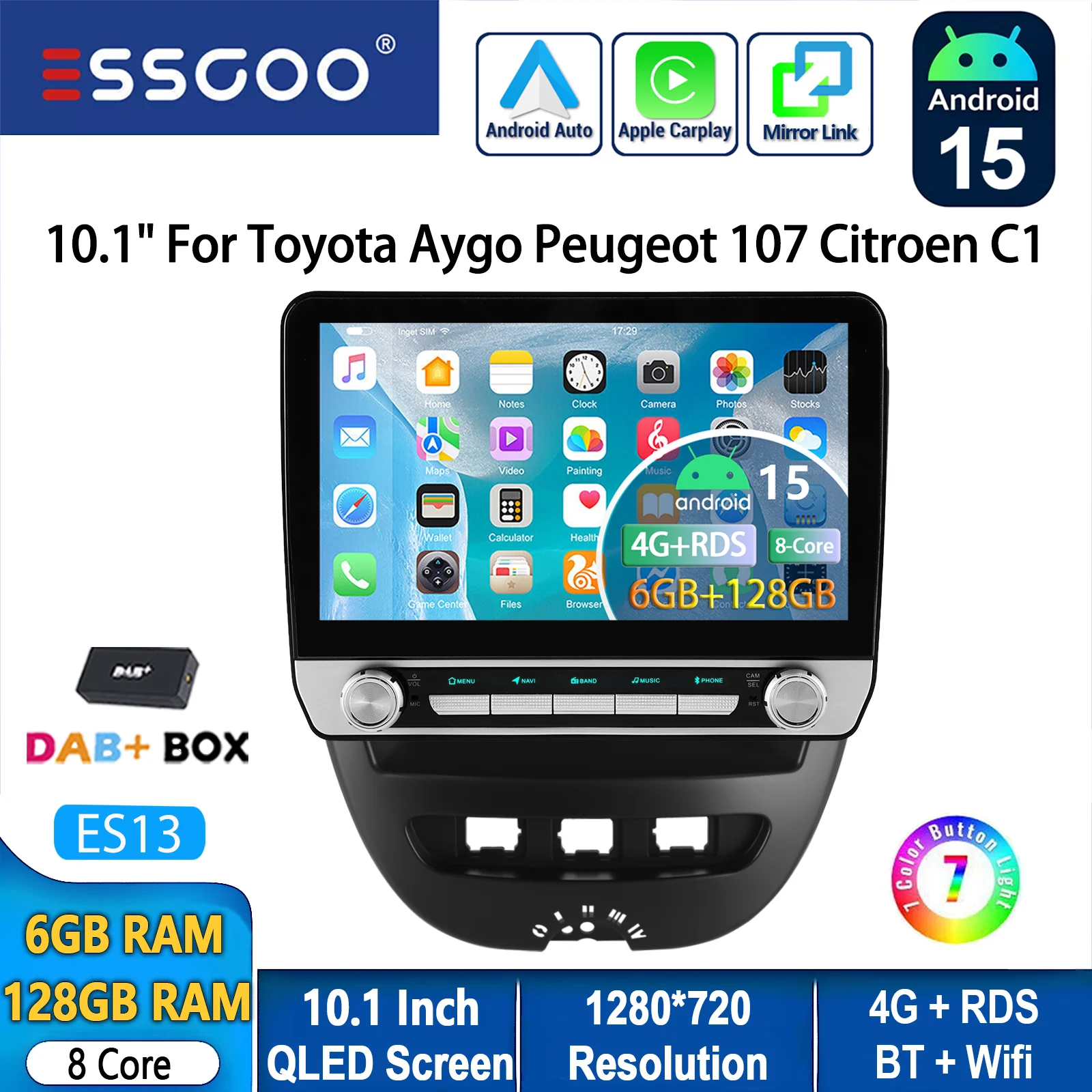 Autoradio ESSGOO Android 15 10.1 Inch 6+128 GB voor Toyota Aygo Peugeot 107 Citroën C1 Draadloze CarPlay Android Auto GPS Navigatie 4G FM AM BT RDS Stuurwielbediening Mirror Link QLED Touchscreen