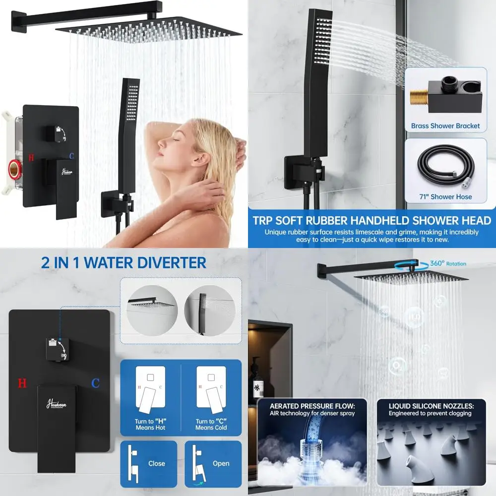 

Luxury 8 Inch Rain Shower System with Matte Black Finish, Rainfall Head and Handheld Spray, Stainless Steel Material