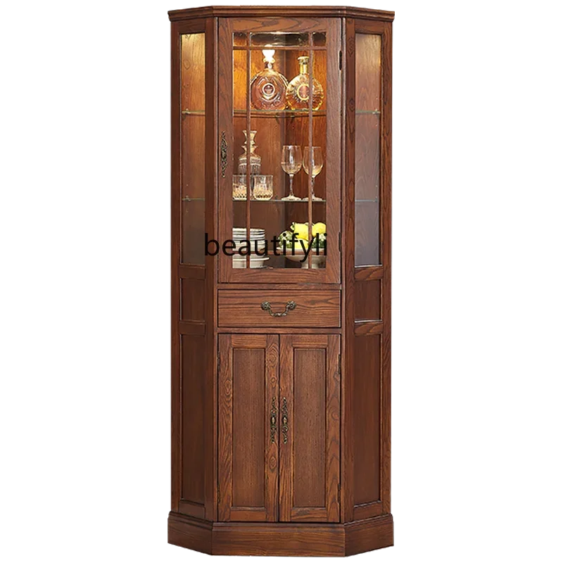 

American Corner Cabinet with Light Living Room All Solid Wood Storage Wine Cabinet Corner Cabinet Glass