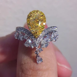 925 Sterling Silver Water Drop Citrine Rings for Women Elegant Yellow CZ Ngagement Party Jewelry Bridal Wedding Ring Lover Gift