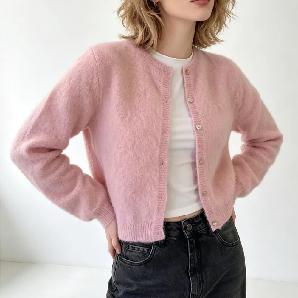 2 colors Women Shaggy Knitted Cardigan Round Collar Single-breasted Buttons Sweater Long Sleeve Knitwear Short Jumper Green Pink - view 2