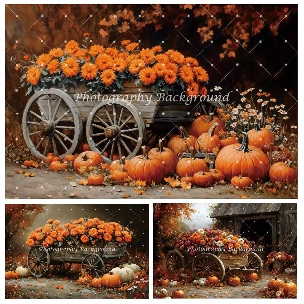 

Autumn Flowers Cart Backdrop Pumpkins Birthday Party Decor Fall Art Baby Kids Portrait Photography Background Photo Studio Prop