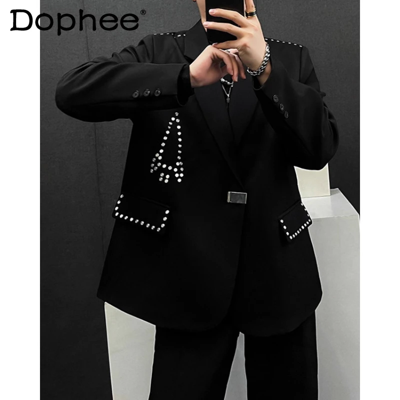 

Men's Fashion 2025 Autumn New Trendy Versatile Loose Stylish Personality Suit Jackets Fashion Rivet Metal Buckle Design Blazers