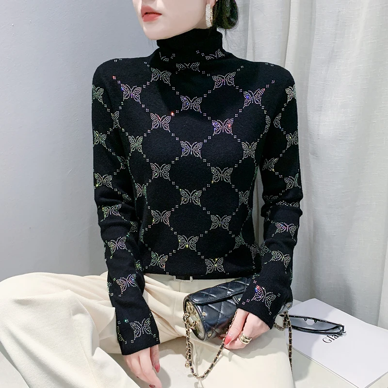 

Winter Women's Bling Sweater Heavy Embellished Knit Slim Fit Fashion Top