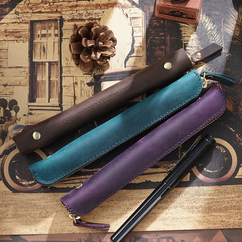 Genuine Leather Zipper Pen Bag Mini Small Pencil Case Apple Electronic Writing Pen Protective Sheath Creative Vintage Style