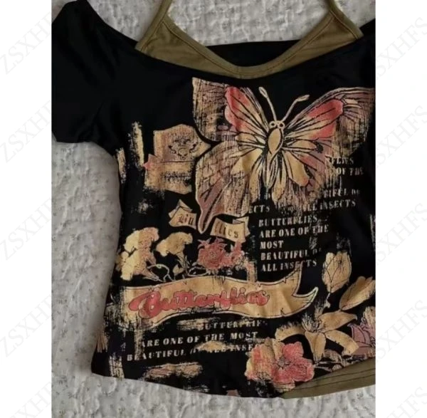 Vintage Clothes Women Butterfly Sexy Punk Streetwear Slim Femme Tees Shirt Gothic Casual Grunge T shirts 2000s Emo Y2k Crop Top