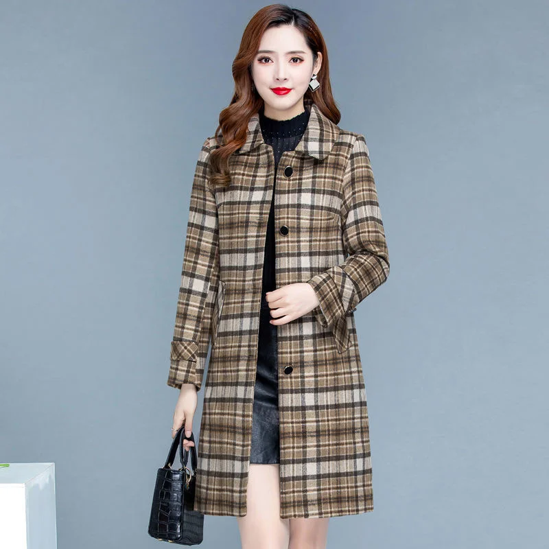 Plaid Woolen Coat Women Korean Mid-length Jacket Autumn Winter New Single-Breasted Wool Blend Female Basic Coat Overcoat 4XL 5XL