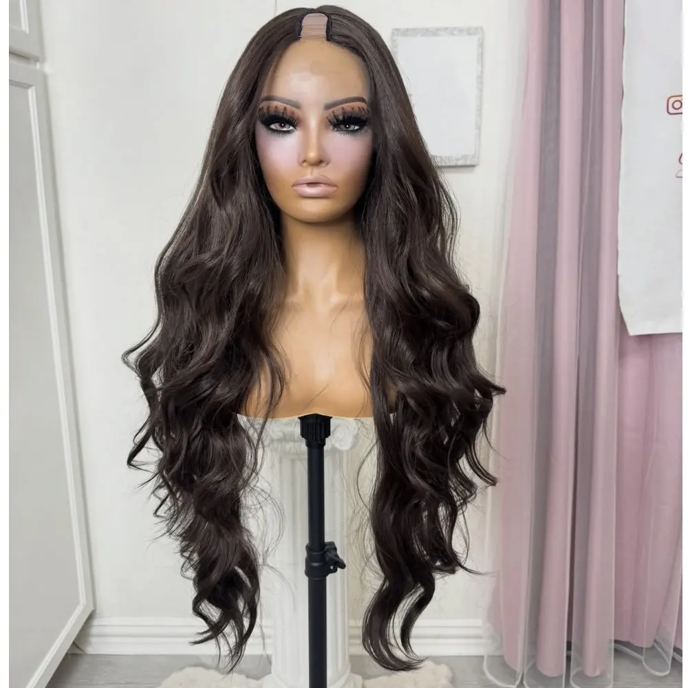 Dunkelbraun 2 # Loose Wave 1x4 Größe U-Part Perücken aus Echthaar für Schwarze Frauen, Klebefrei, Clip-in, Verstellbar, Natur Schwarz/1 # /4 # – Detail 3