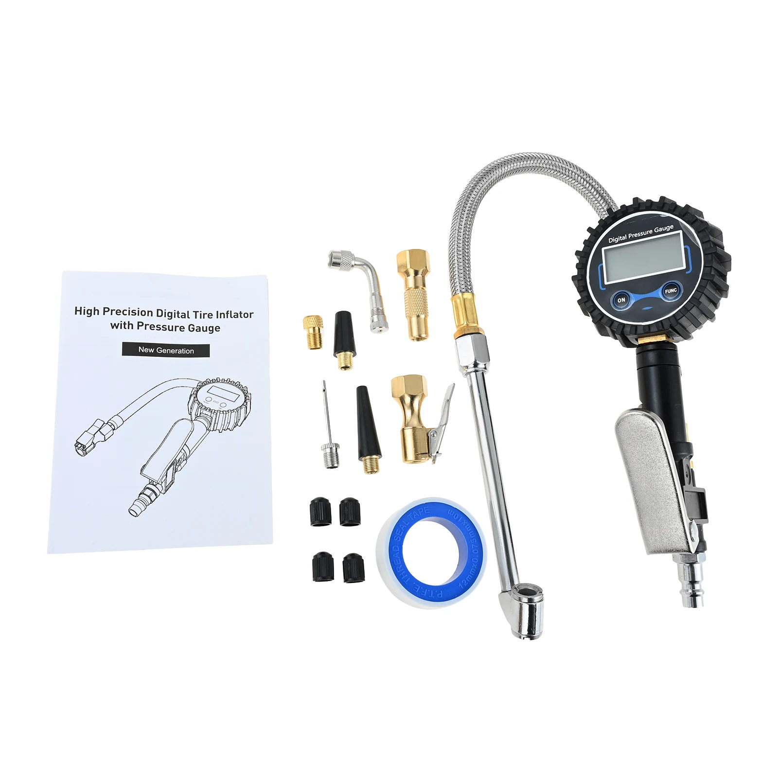Digital Tire Pressure Gauge with Inflator 200 PSI Heavy Duty Air Chuck Compressor Attachments Stainless Braided Hose Tire Gauge