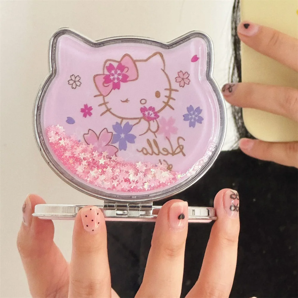 Kawaii الكرتون سانريو مرحبا كيتي مرآة الرمل المتدفقة لطيف المحمولة طوي على الوجهين فتاة يوميا يده مرآة لوضع مساحيق التجميل هدية
