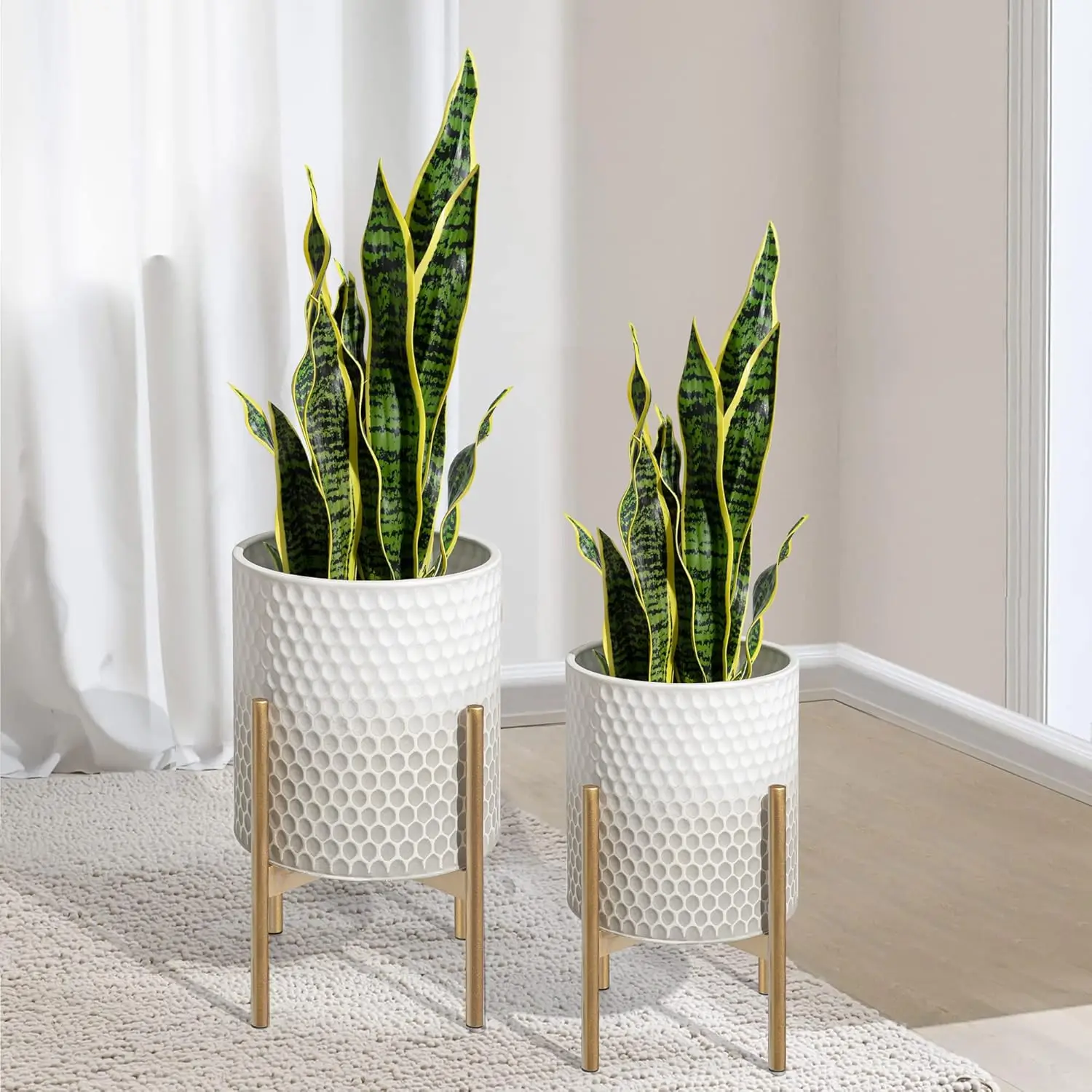 

Mid Century Planters for Indoor Plants, Set of 2, Modern Decorative Metal Pots for Living Room, Office, Garden or Balcon