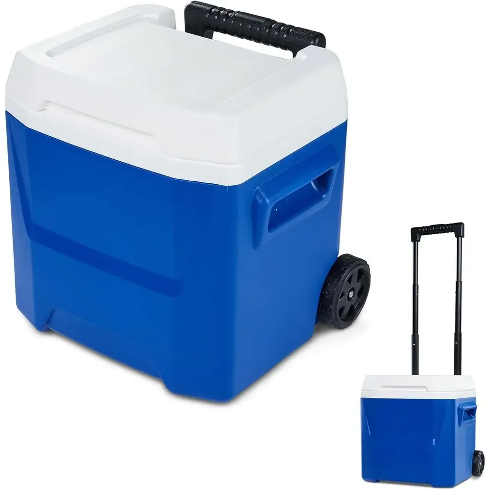 Portable Blue Hard-Sided Ice Chest with Wheels and Handle for Outdoor Food and Drink Cooling