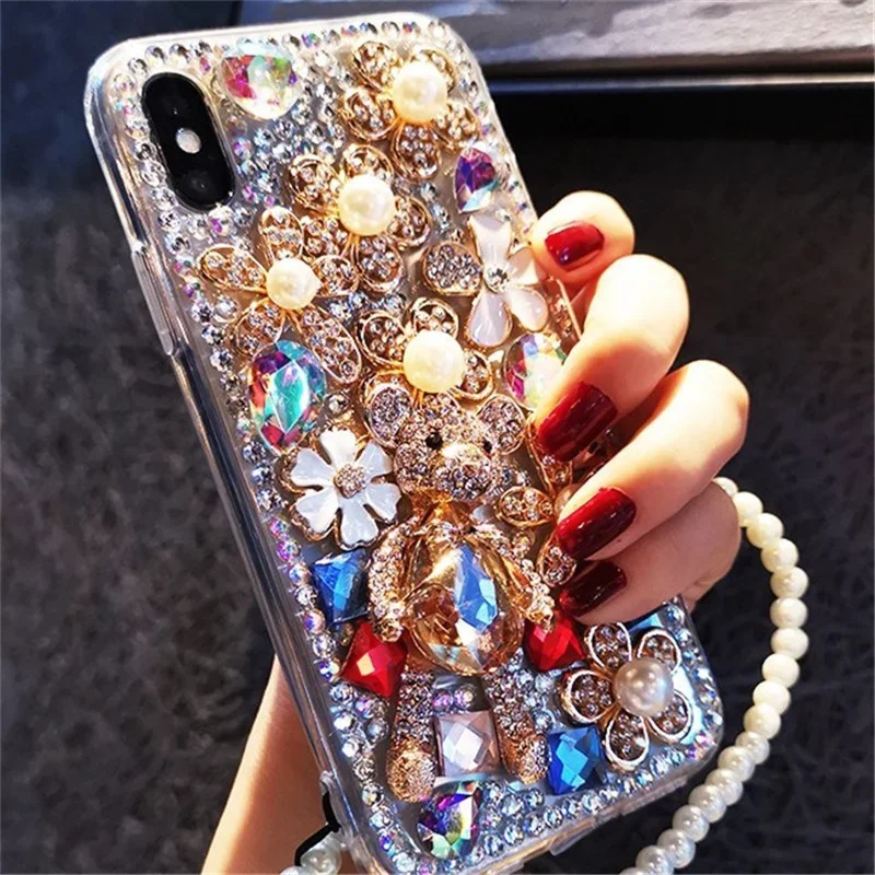 3D Bear Gem Stone Full Diamond Bling Cases for Samsung Galaxy S24 Plus S25 FE S22 23 Ultra S26 Crystal Coque Funda Capa Cover