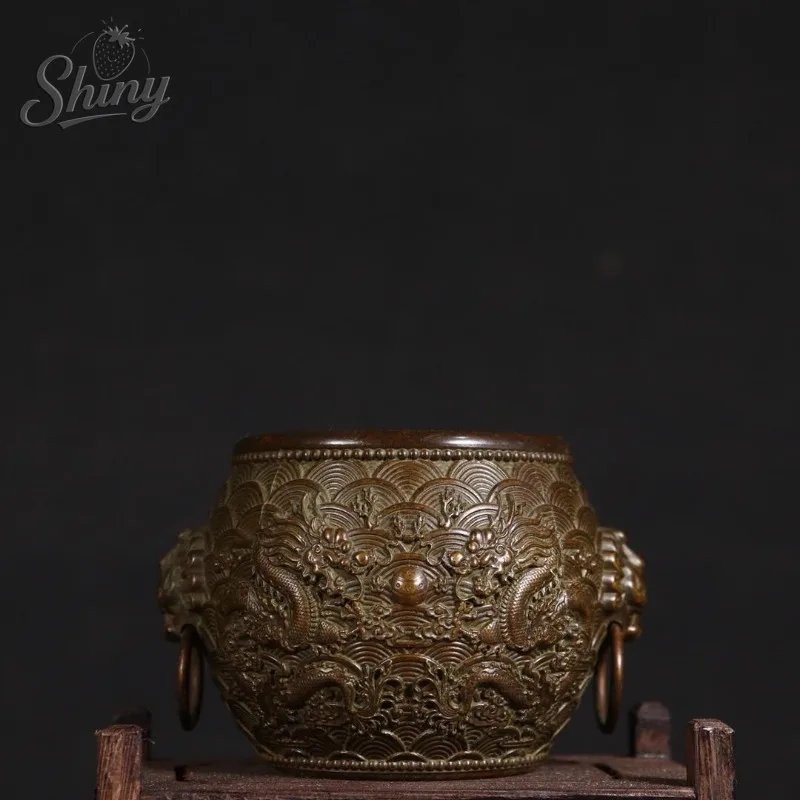 Pure Copper Double Dragon Playing with Pearl Double Ring Lion Head Dragon Pattern Vase Home Desktop Ornament Collection