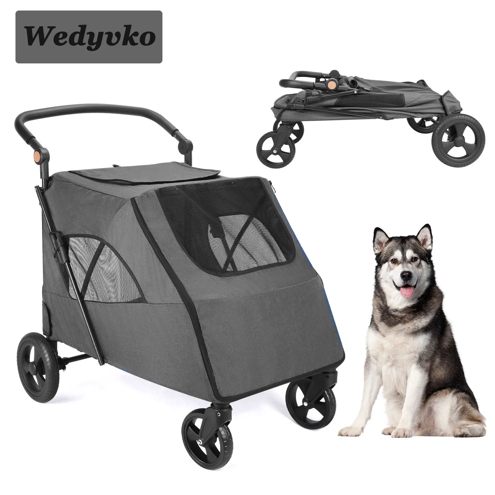 360° swivel Breathe Pet Stroller 4 Wheels Dark Grey Dog Puppy Stroller Rotate with Brakes and Height-Adjustable for Medium Large