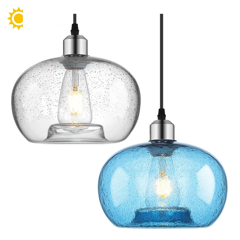 

Vintage Blue Bubble Glass Pendant Lights Living Room Bedroom Kitchen Island Decor Lamp Fixtures E27 Bulb Base Adjustable Hanging