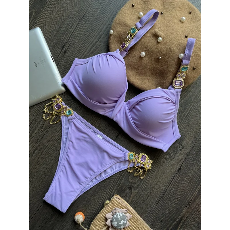 New Gathering Steel Bracket Pure Color Bikini Sexy Crystal Diamond Swimsuit Split Swimsuit Female