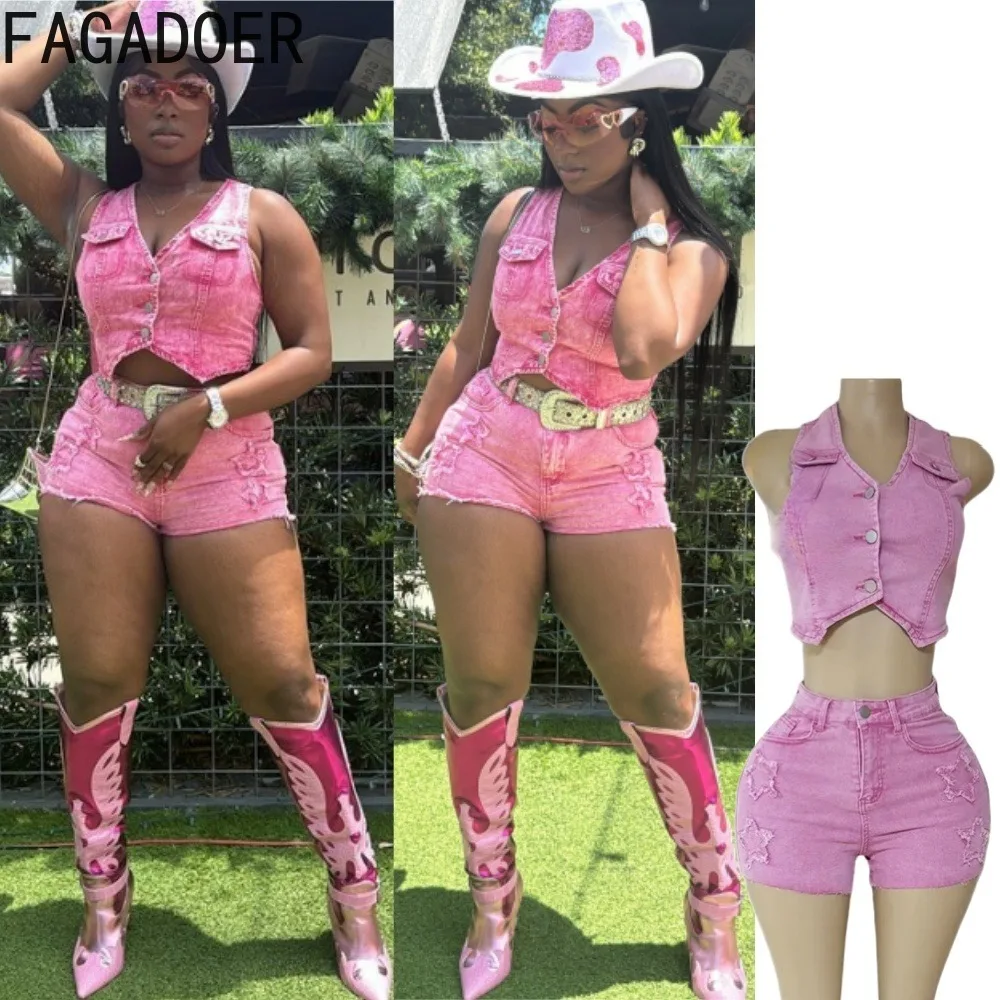 

FAGADOER Denim Sexy 2 Piece Sets Women Outfit Pink V-Neck Buttons Crop Vest and Embroidered Patchwork Shorts Suit Y2k Streetwear