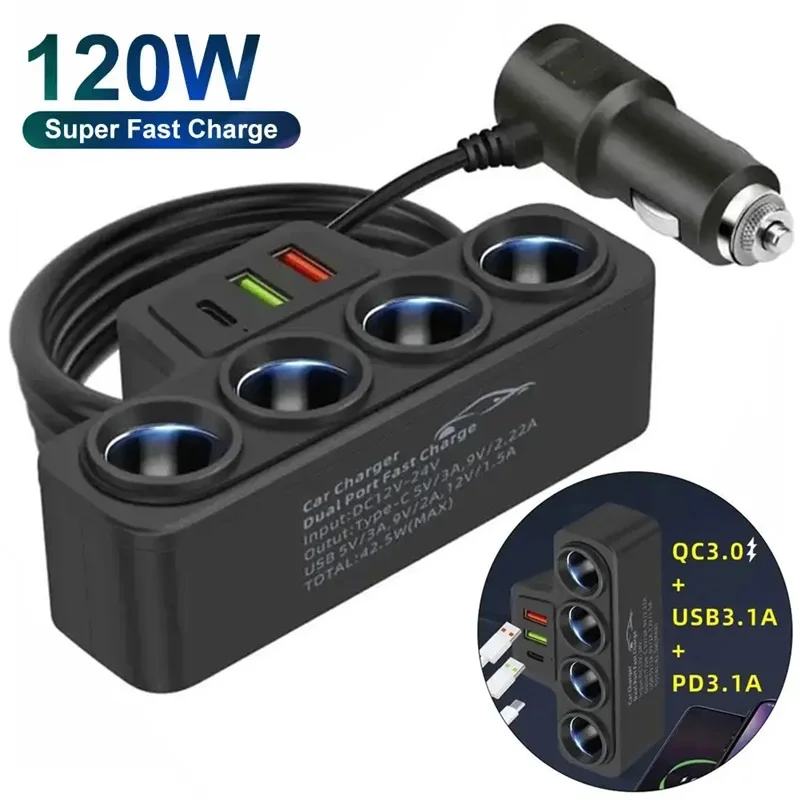 12V24V Cigarette Lighter Car Socket Adapter 4 Ports 3.1A Charger Car Usb+Qc3.0+Pd3.1A Accessories Usb 120W Universal Accessories