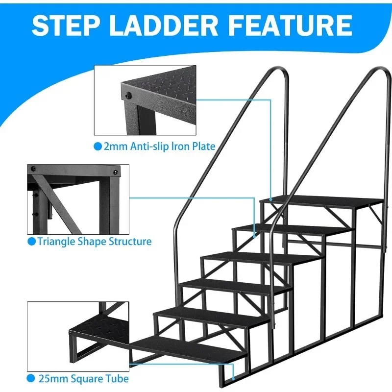 2 Handläufe, 6-Stufen-Leiter, Wohnmobil-Stufen, rutschfeste Whirlpool-Stufen mit Handlauf, 660 lbs, Wohnmobil-Leiter für mobile Wohnmobil-Heimtreppen mit 5. Rädern