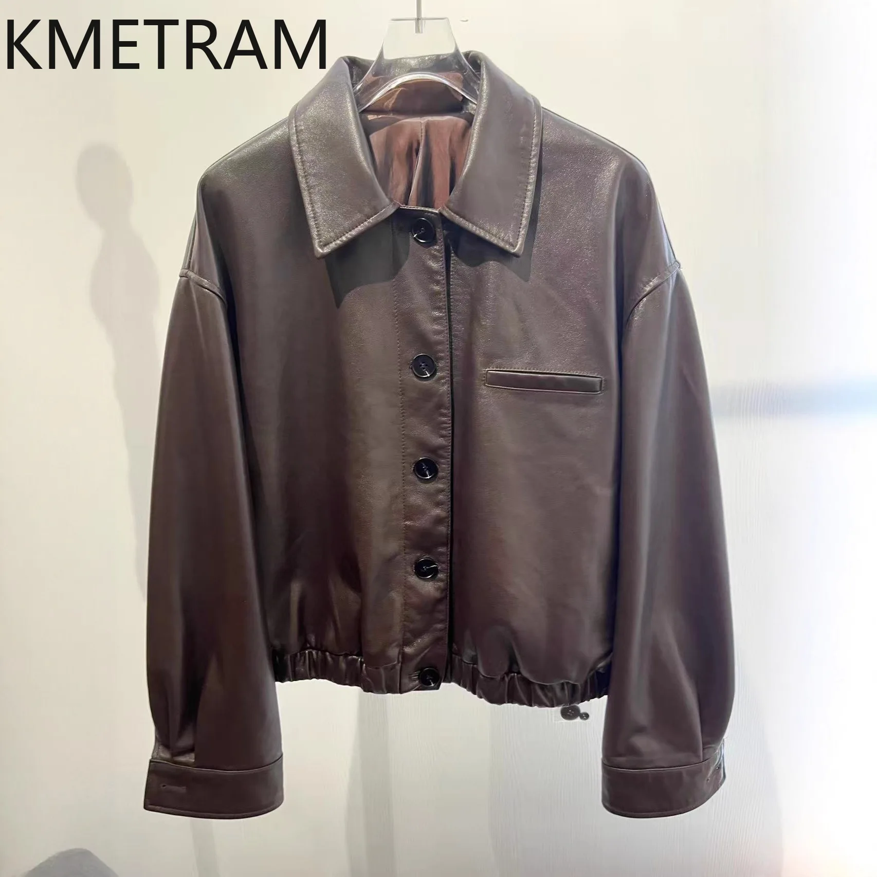 KMETRAM Real Sheepskin Leather Jacket Woman Semi-Tanned Light Waxed Leather Jackets Fashion Short Coat Autumn Women Clothes 2026