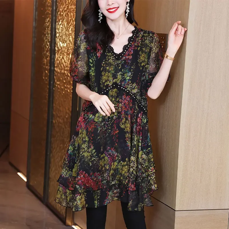 Temperament letni damski dekolt w serek nadruk patchworkowy moda elegancki pół rękawa luźna szyfonowa koszula średniej długości topy ZT316