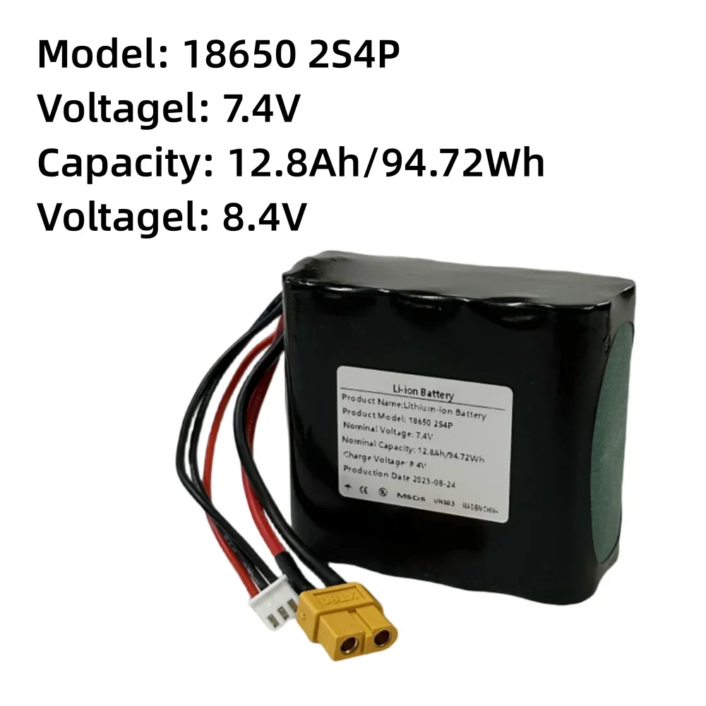 18650 2S4P High Capacity UAV Li-ion Rechargeable Battery 7.4V 12.8Ah For Various RC Airplane Drone Quadrotor XH2.54-3P XT60