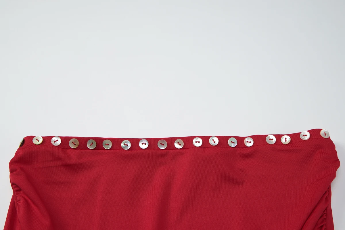 Hugcitar Fashion 2-teiliges Set, trägerlos, einfarbig, mit Knöpfen, Dekoration, sexy Crop-Tank-Top, Rock, Sommer-Outfit für Damen, Strandurlaub – Detail 7