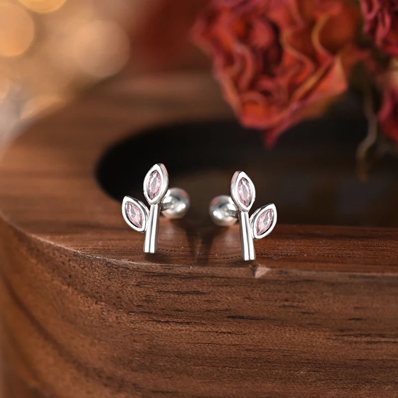 Pendientes de Plata Pura 999 con Diseño de Hoja de Circonio, Cierre de Rosca, Joyería de Moda para Mujer, Decorativos y Elega...