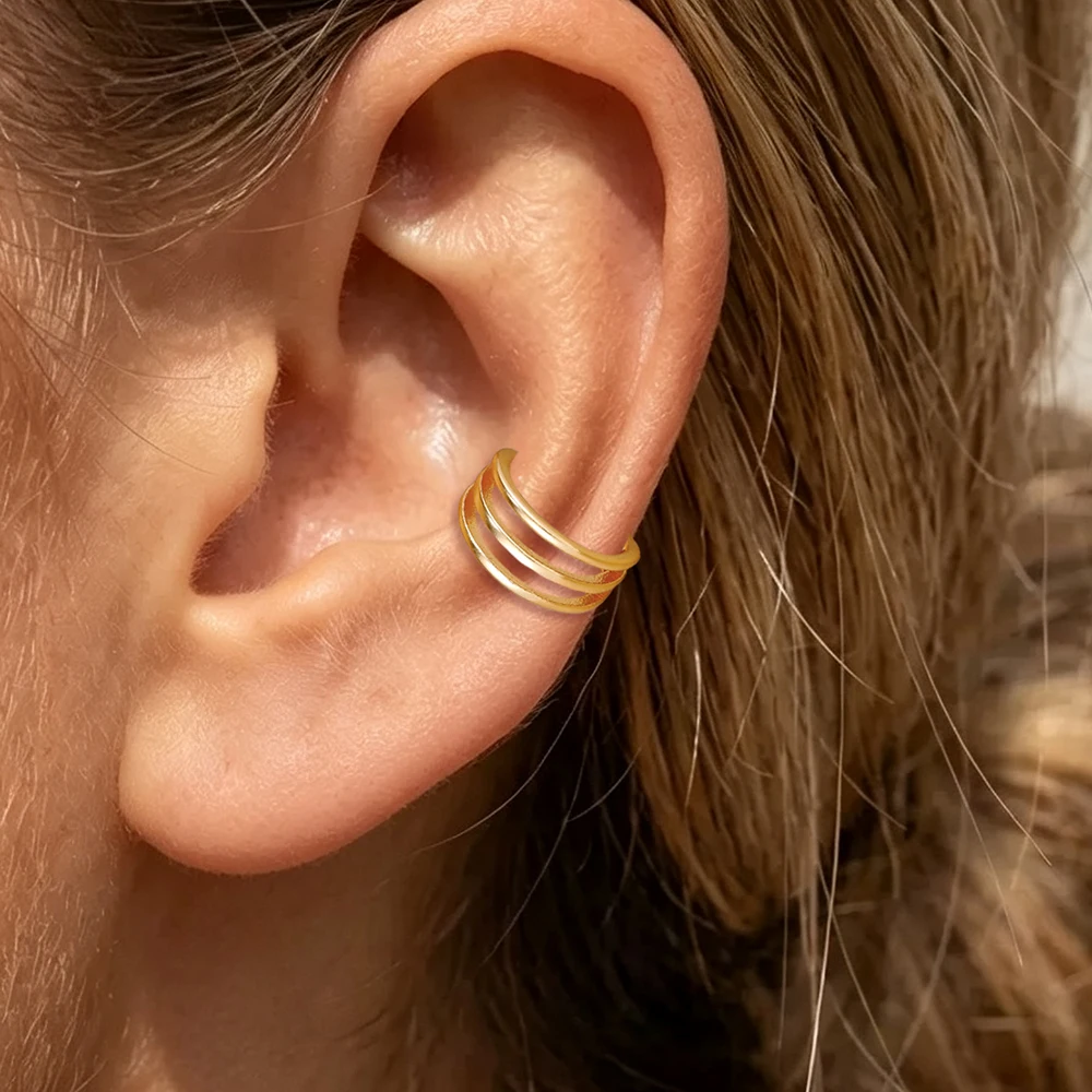1PC Simple C Type Fake Piercing Three Layer Zircon Ear Clip For Women 14K Gold Plated Unique Minimalism Jewelry Accessories