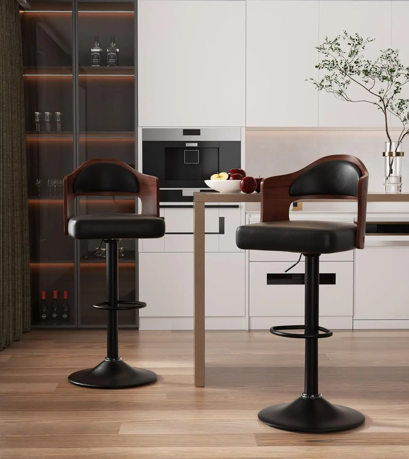 Modern Swivel Bar Stools Set of 2, Wooden Upholstered PU Leather Barstools with Back & Footrest, Counter Height Bar Chairs for K