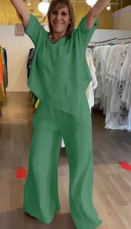 Loose Casual Cotton Linen 2 Piece Set Fashion Solid Round Neck Half Sleeve Button Pullover Top Elastic Waist Wide Leg Pants Set