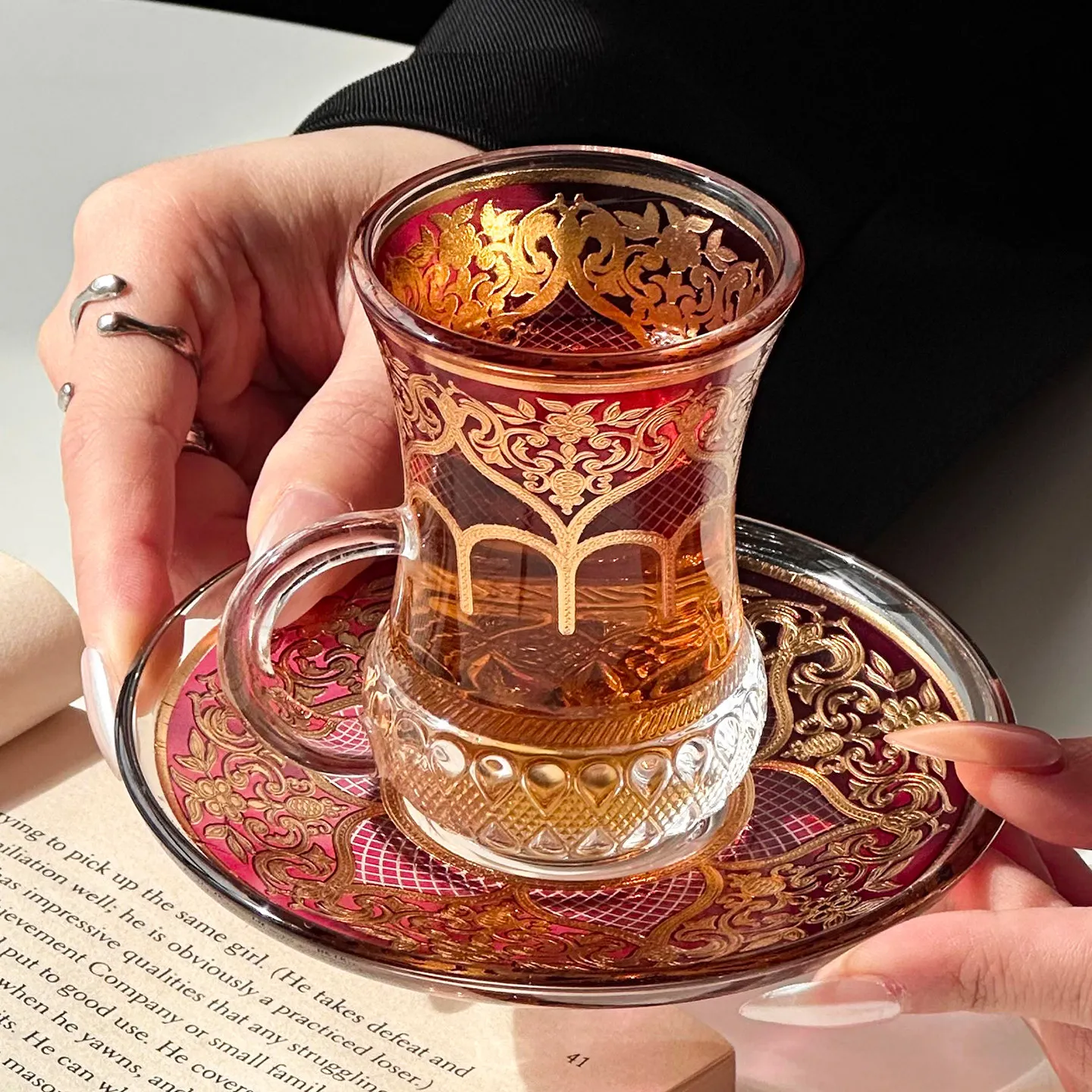 Vintage Turkish Glass Set 2026 New Household 80ml Red Embossed Coffee Cup High End Beautiful Afternoon Tea Exquisite Round Dish view 2