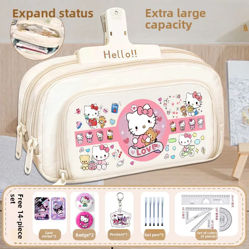 

3-слойный пенал Sanrio большой емкости Kuromi Cinnamoroll Pompompurin My Melody Student Многофункциональный органайзер для канцелярских принадлежностей