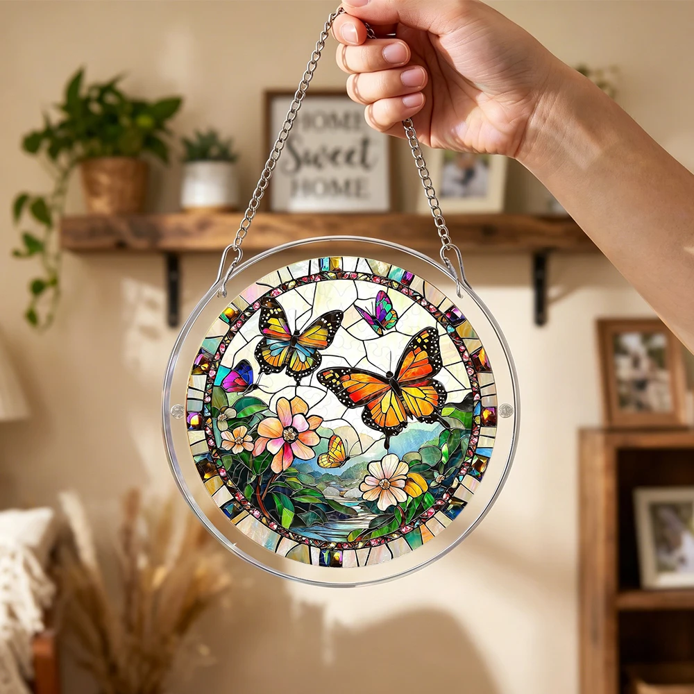 Stained Glass Butterfly Floral Acrylic Puzzle Suncatcher, 18cm/20cm Round Garden Window Hanging Decor Gift Ornament