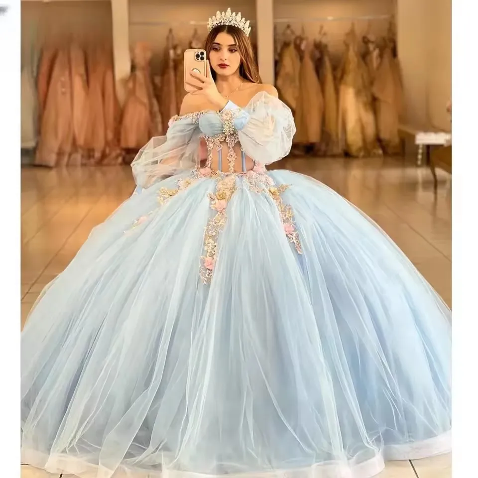 Céu azul quinceanera vestido de manga longa rendas miçangas vestido de baile noiva robe querida pescoço vestido personalizado vestidos de novia