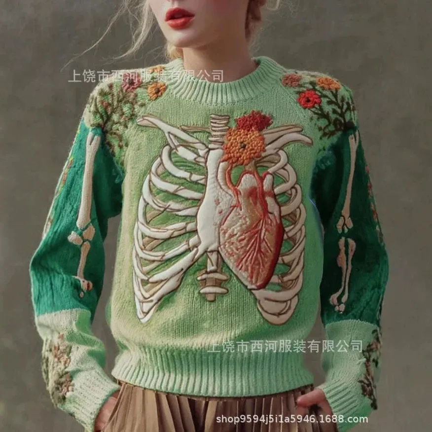 Printed Round Neck Top with 3d Effect Long Sleeve Pullover Style Urban Women Sweaters and Pullovers Mid Weight Regular Length