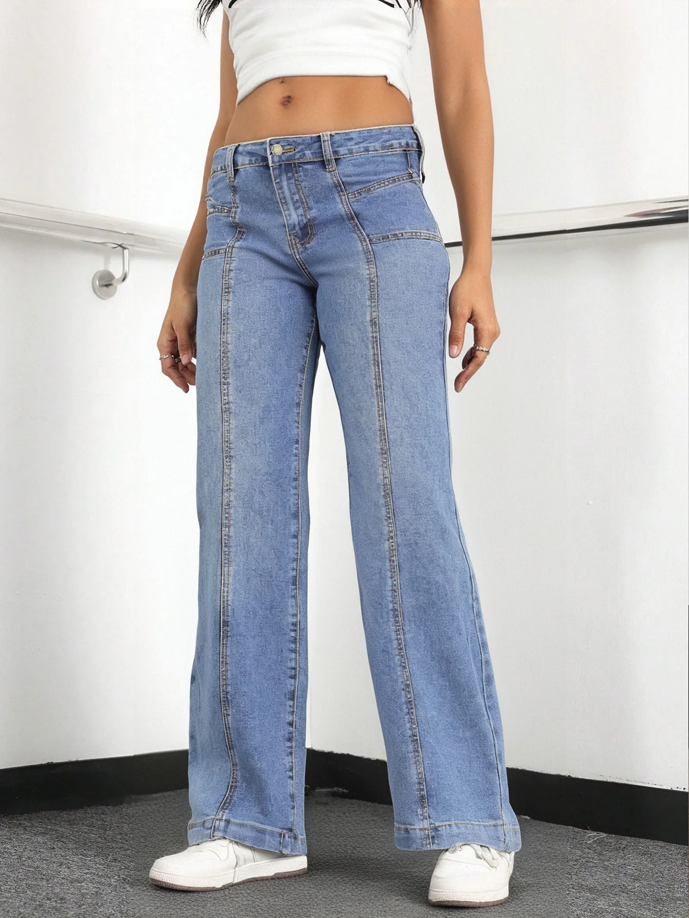 

Women's Light Blue Wide - Leg Denim Jeans | Patchwork Seam Design