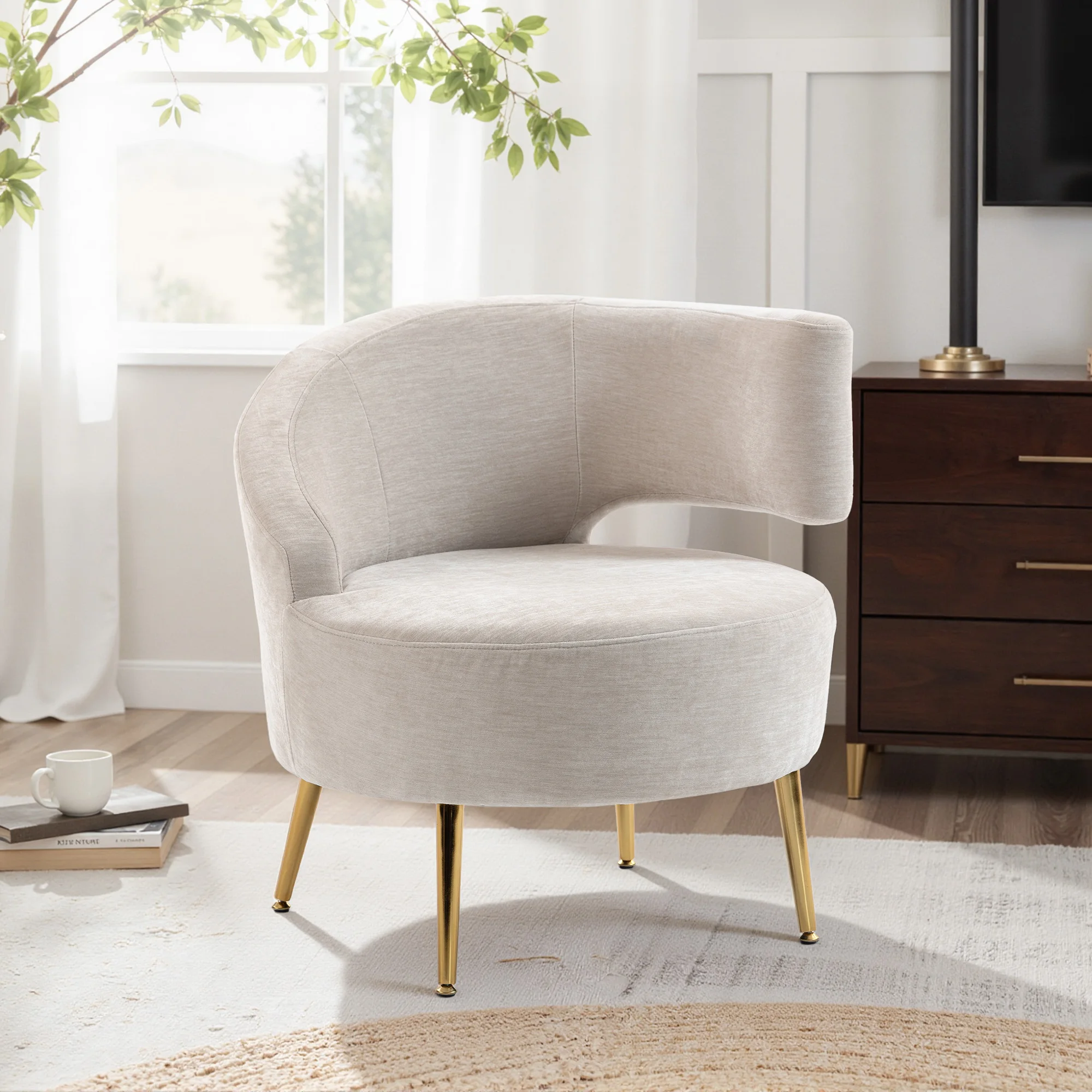 HOMCOM Loungesessel Sessel mit Chenille-Optik, Schrägere Rückenlehne, Moderner Relaxsessel mit Goldenen Stahlbeinen, Gepolstert Polsterstuhl, Polstersessel für Wohnzimmer, Schlafzimmer, Cremeweiß