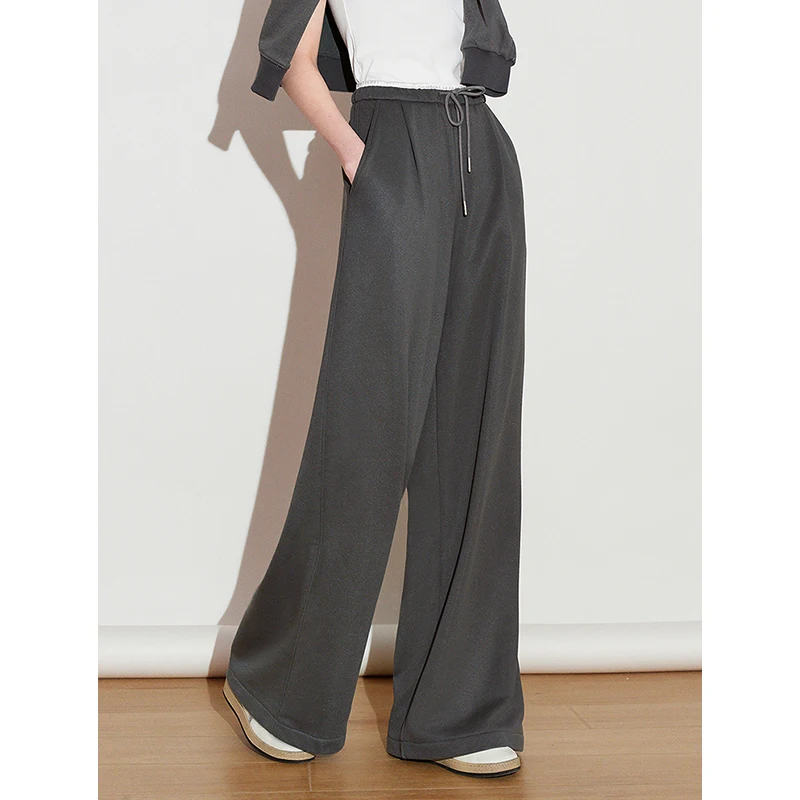 TOYOUTH Women Casual Pants 2025 Spring New Sport Style Sparkling Drawstring Elastic Waist Straight Wide Leg Long Pants