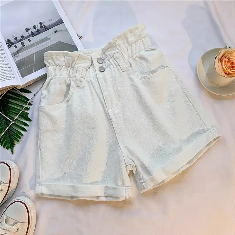 

Женские джинсовые шорты с высокой талией, широкими штанинами, свободного кроя, с отворотами, утягивающие, в форме бутона цветка, летние, повседневные